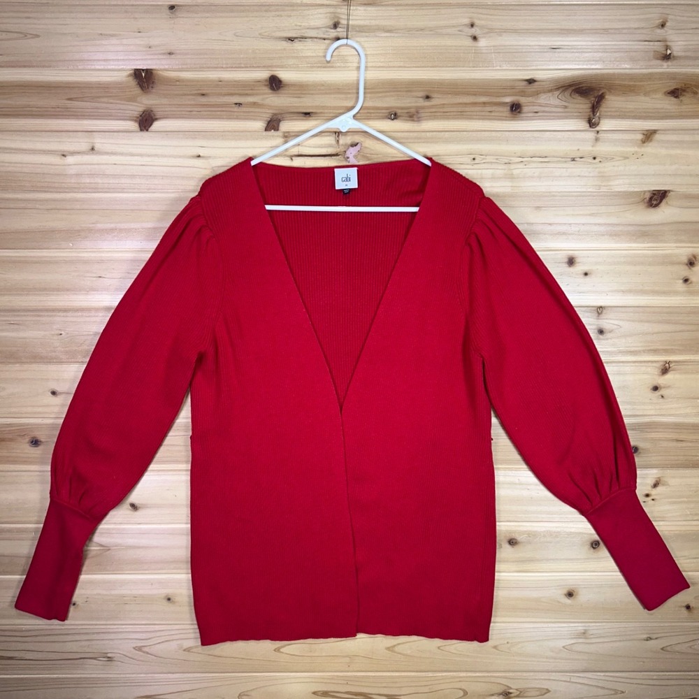 Cabi Sweater Womens Medium Red Ribbed Balloon Long Sleeve Cardigan Sweater